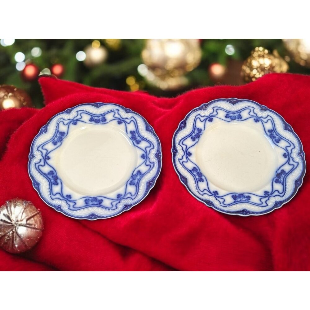 2 Antique Stanley Pottery Flow Blue Paris 9" Plates + Plate hangers New Wharf